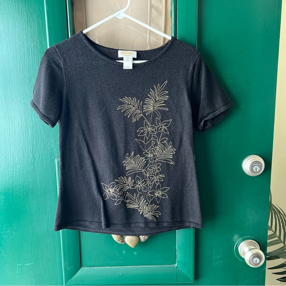 Talbots Black Short Sleeve Tee with Gold Floral Embellishment